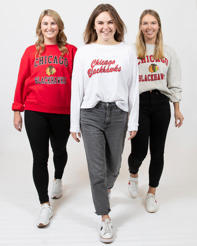 chicka-d white Chicago Blackhawks long sleeve shirt with script wordmark graphic - collection shot