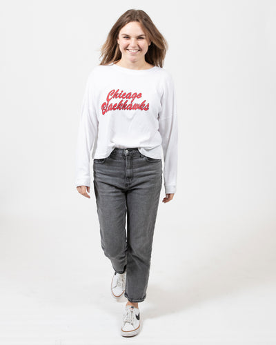 chicka-d white Chicago Blackhawks long sleeve shirt with script wordmark graphic - alt front view