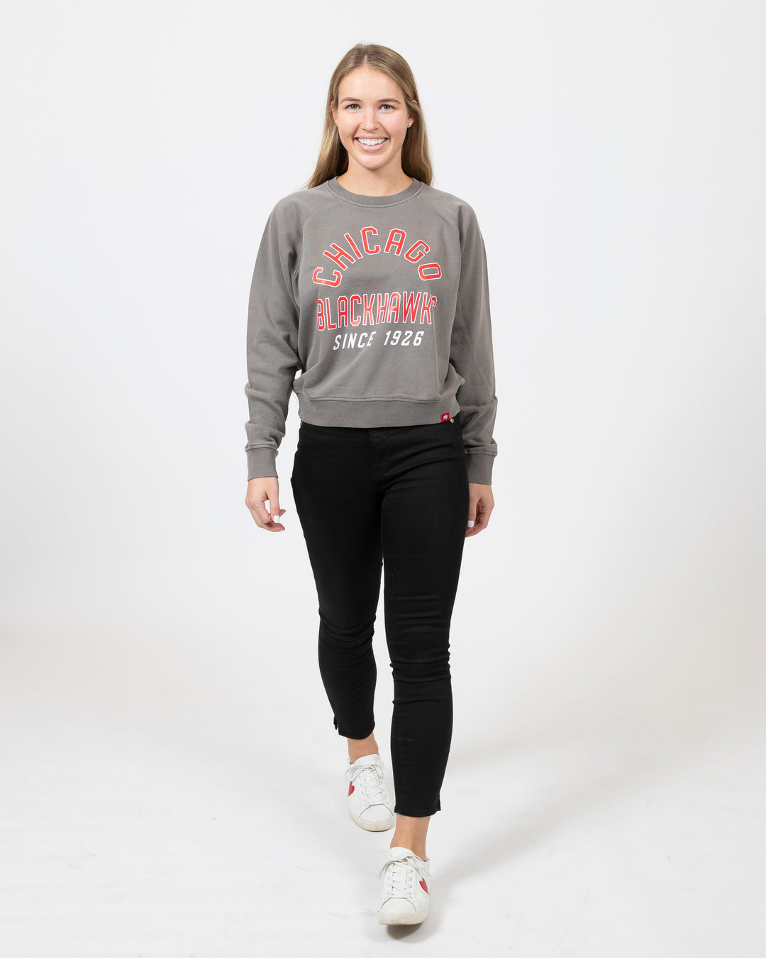 Sportiqe grey Chicago Blackhawks crewneck with Chicago Blackhawks Since 1926 wordmark across center chest - front view