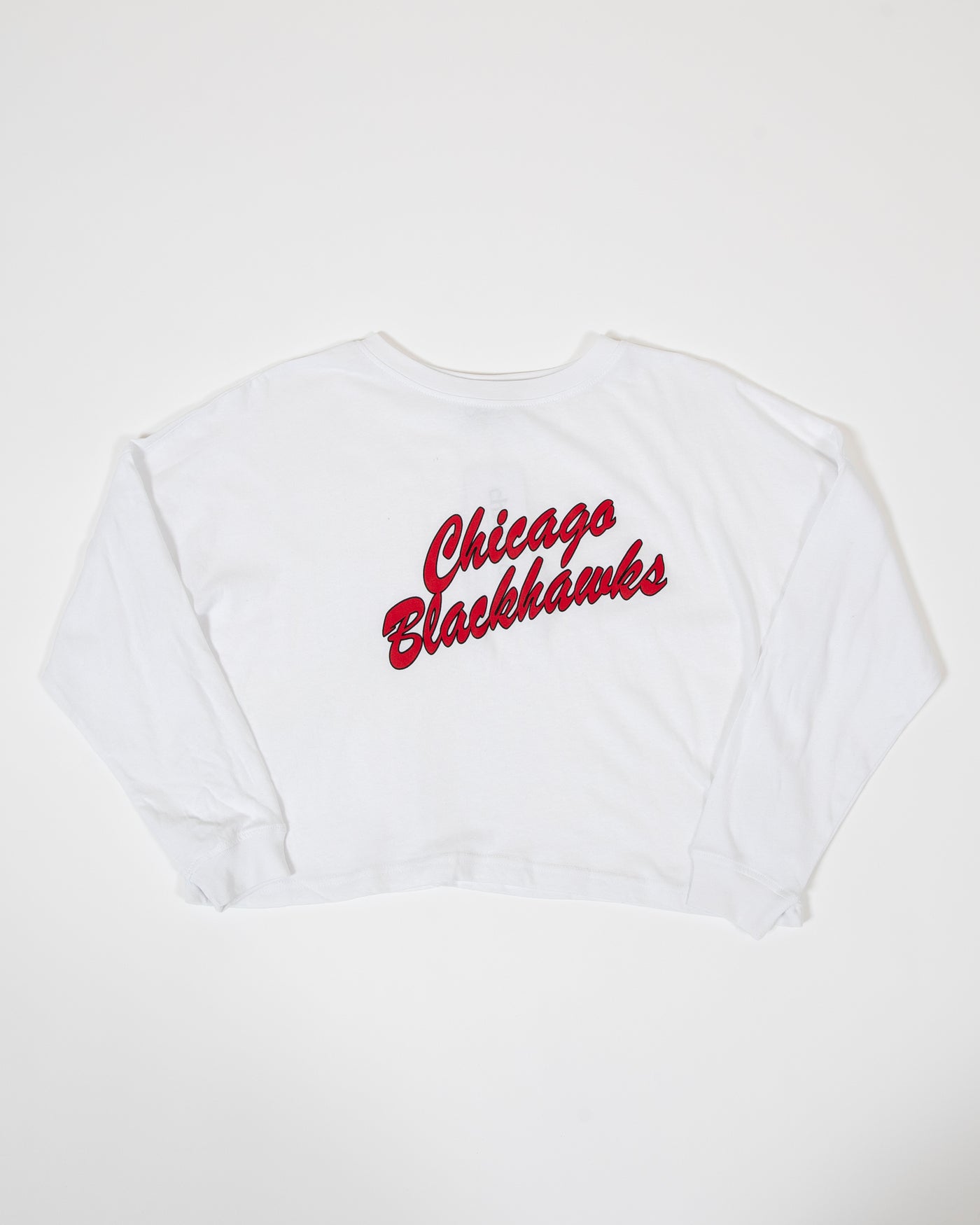 chicka-d white Chicago Blackhawks long sleeve shirt with script wordmark graphic - lay flat