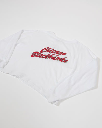chicka-d white Chicago Blackhawks long sleeve shirt with script wordmark graphic - detail shot