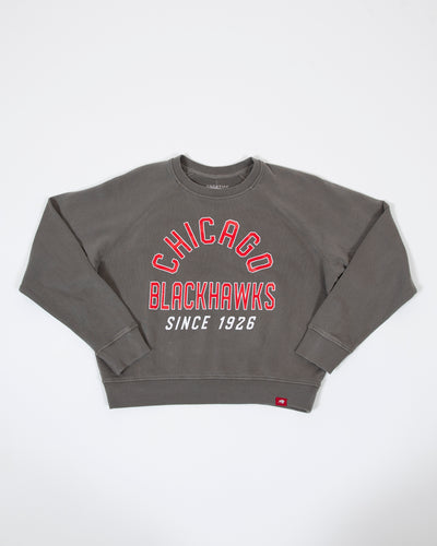 Sportiqe grey Chicago Blackhawks crewneck with Chicago Blackhawks Since 1926 wordmark across center chest - lay flat