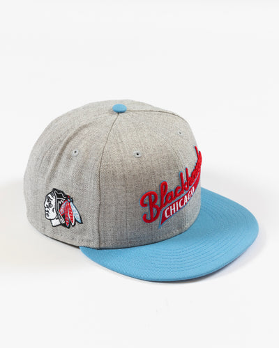 New Era grey and blue Blackhawks Chicago wordmark snapback - right side view with primary logo
