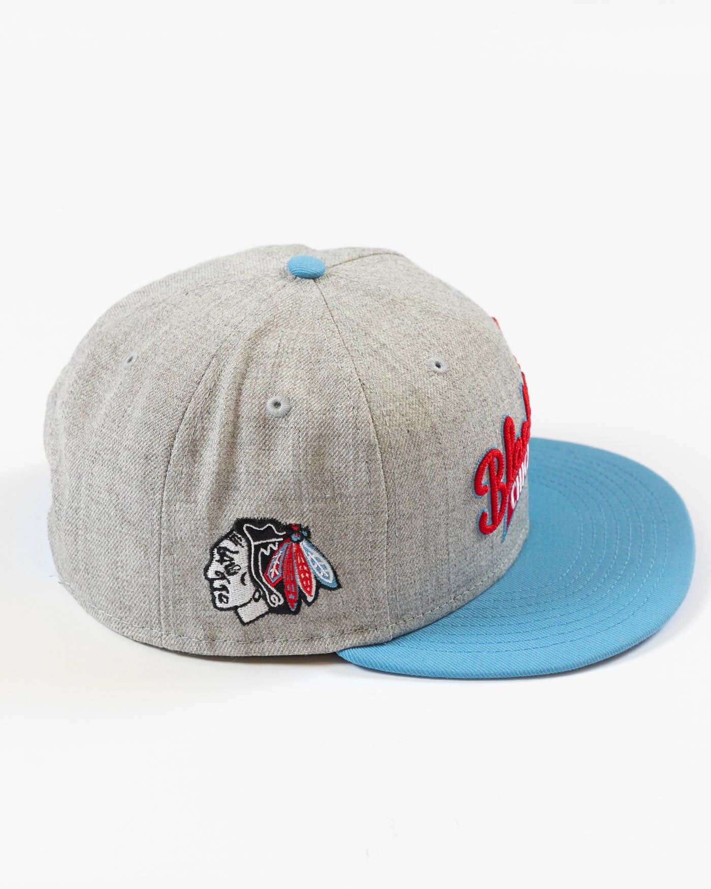 New Era grey and blue Blackhawks Chicago wordmark snapback - alt right side view with primary logo