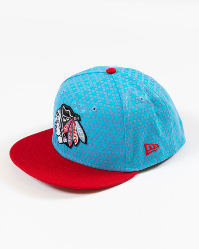 New Era blue and red snapback with all over star pattern and Chicago flag tonal primary logo - alt left side view