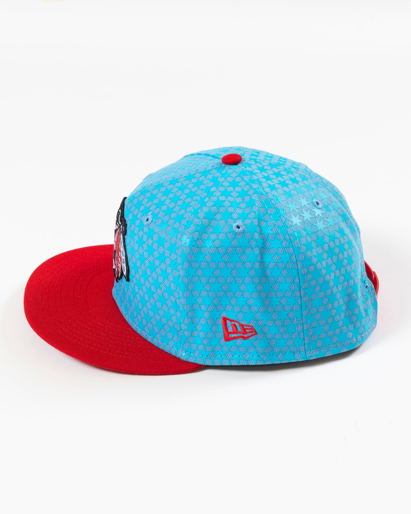 New Era blue and red snapback with all over star pattern and Chicago flag tonal primary logo - left side view