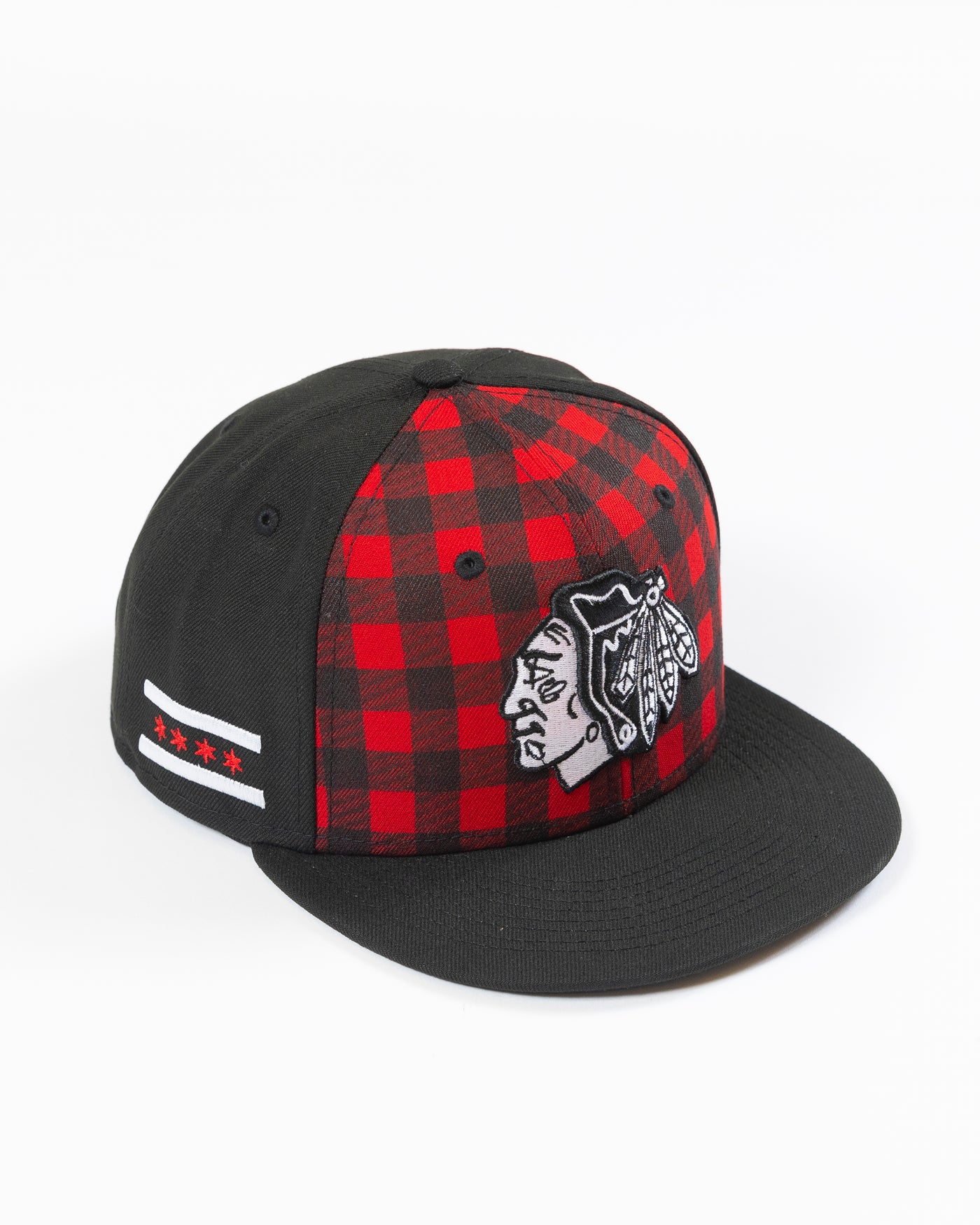 New Era red and black check snapback with tonal primary logo across front - lay flat right side angled image