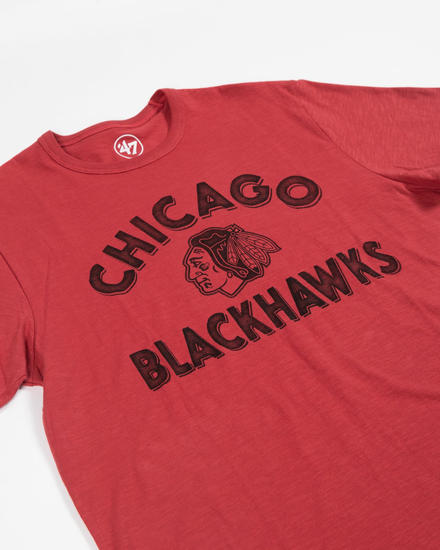 '47 brand red Chicago Blackhawks tee with primary logo - detail lay flat