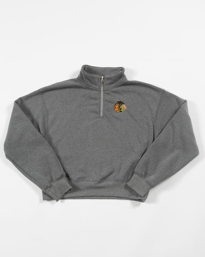Zoozatz grey cropped quarter zip sweater with embroidered primary logo on left chest - front lay flat 
