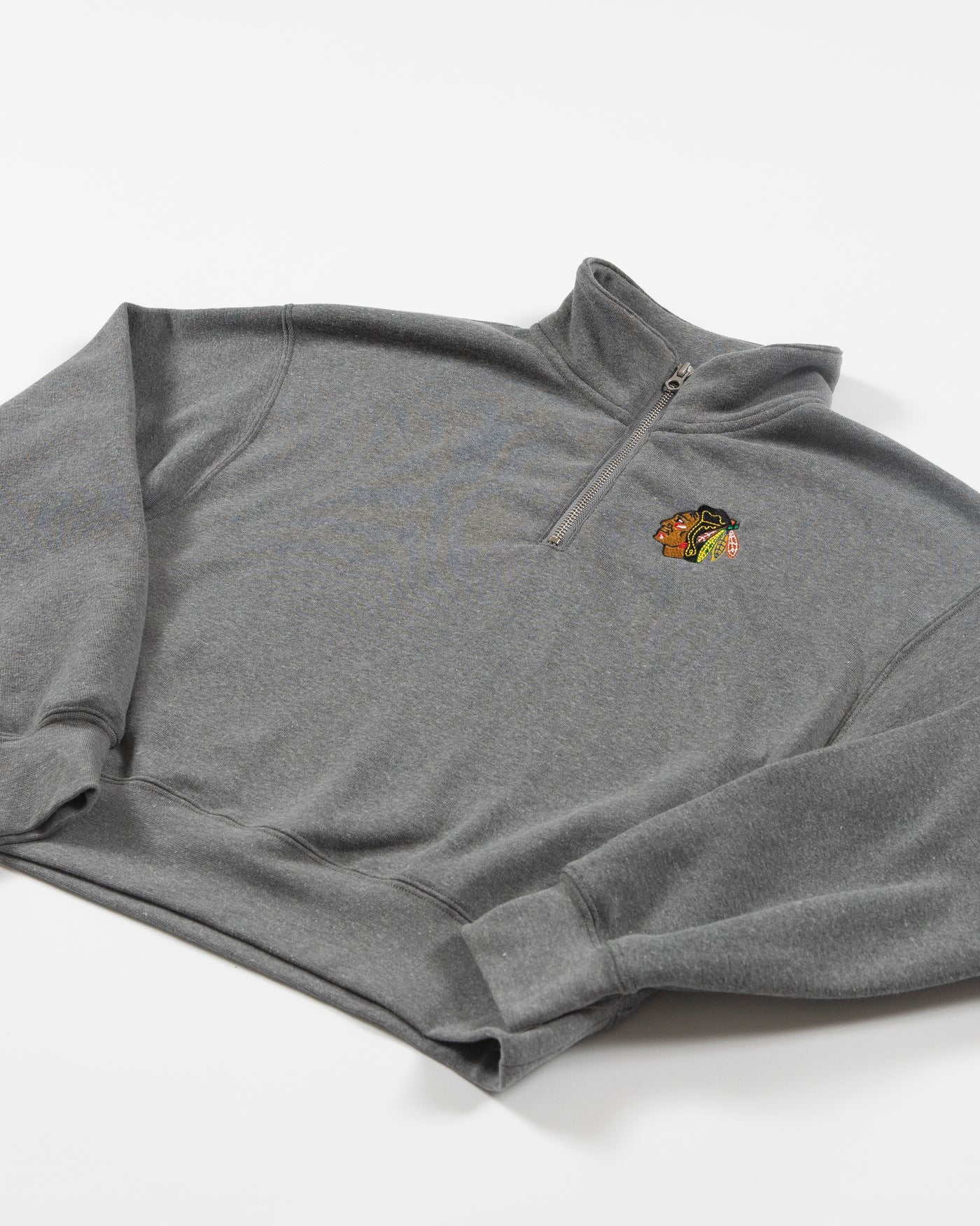 Zoozatz grey cropped quarter zip sweater with embroidered primary logo on left chest - detail lay flat 