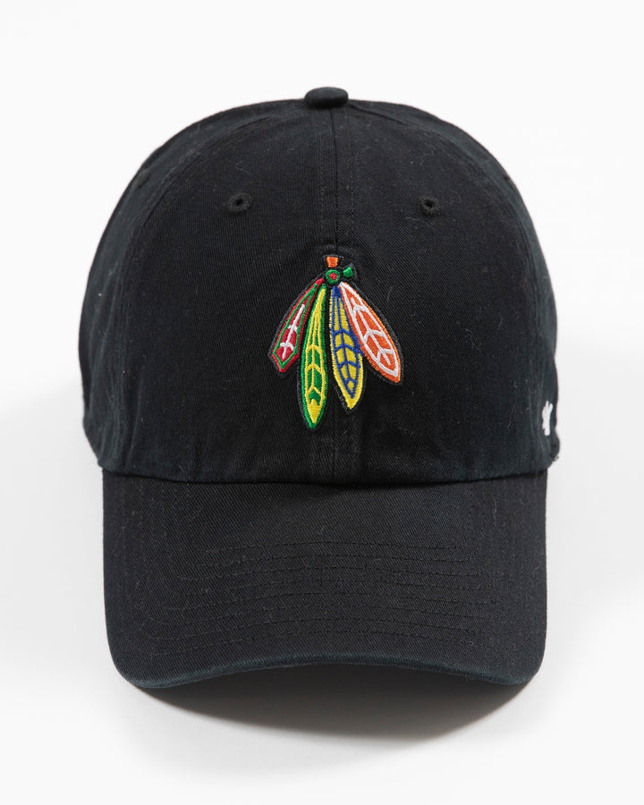black Chicago Blackhawks adjustable cap with four feathers logo - front angle