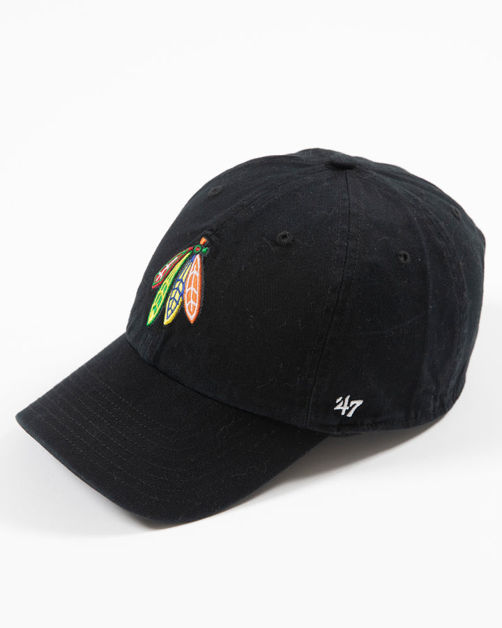 black Chicago Blackhawks adjustable cap with four feathers logo - left side angle