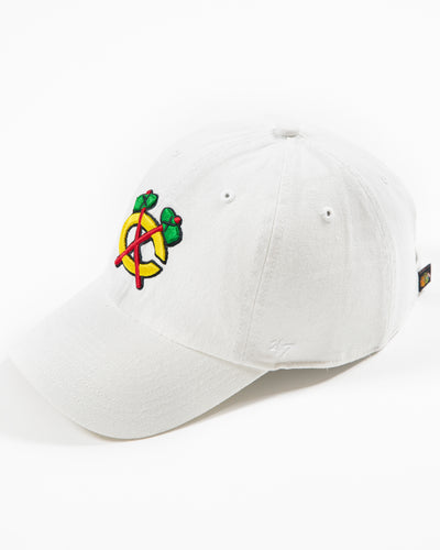 white Chicago Blackhawks adjustable cap with secondary logo - left side angle