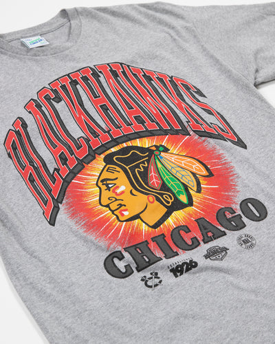'47 Brand Chicago Blackhawks grey vintage tee with primary logo across front - detail lay flat