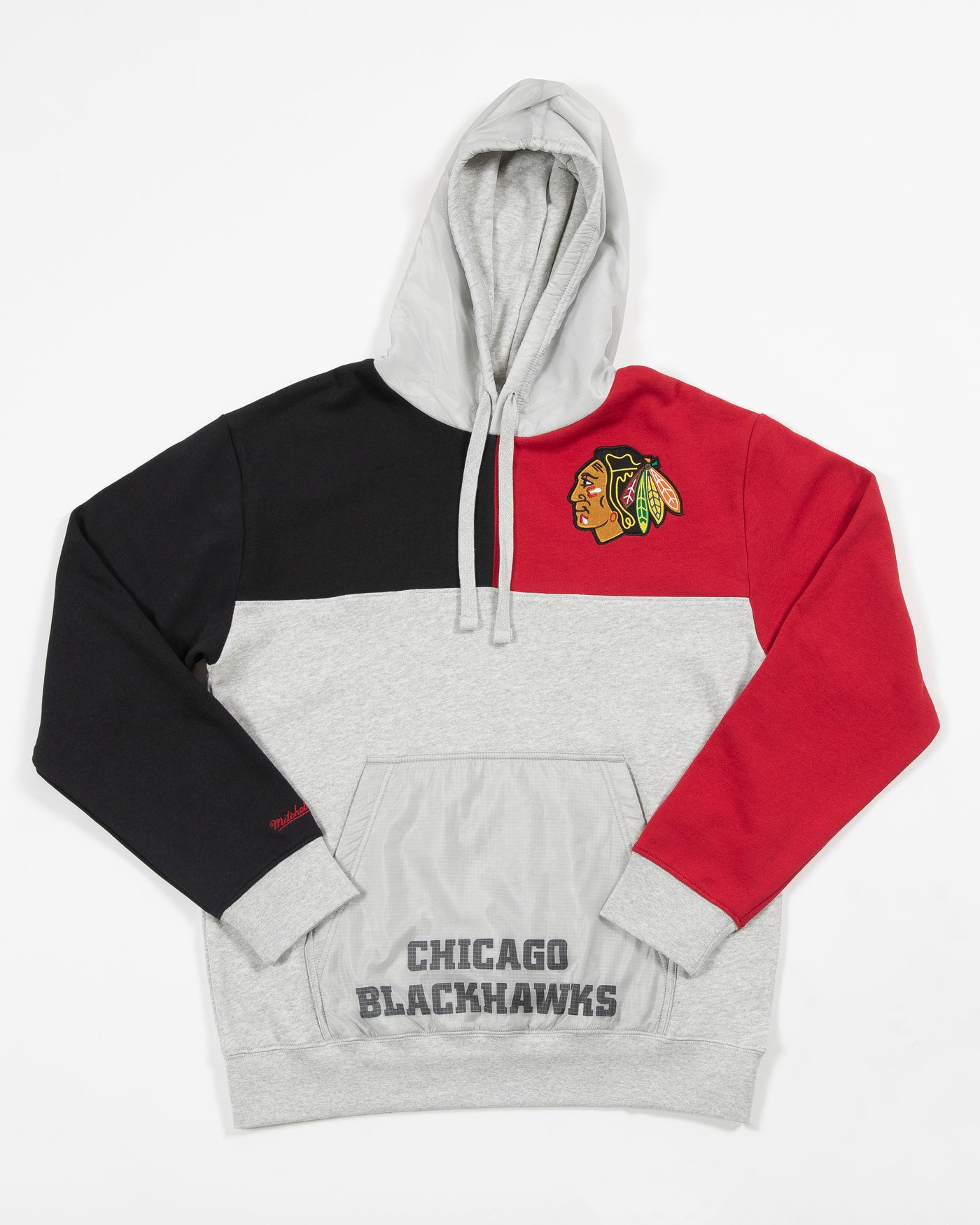 Colorblock Mitchell & Ness Chicago Blackhawks primary logo hoodie lay flat front