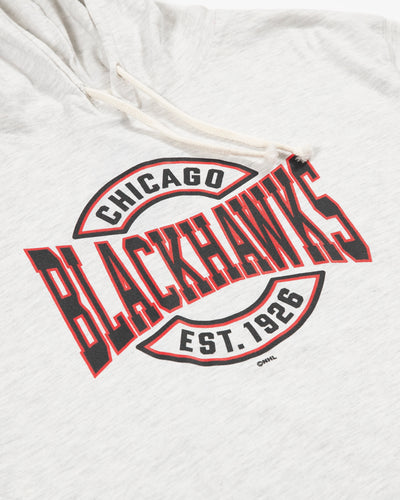 grey hoodie tee with Chicago Blackhawks Est 1926 wordmark graphic - detail lay flat