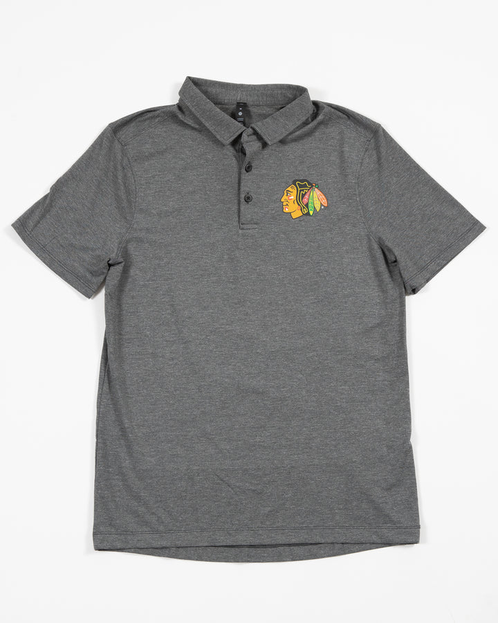 dark grey lululemon button up polo with primary logo on left chest - front lay flat