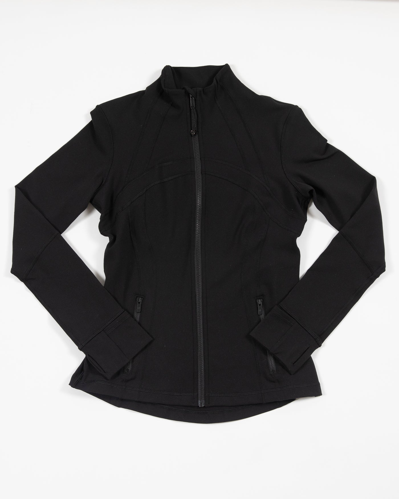 black define lululemon workout zip up jacket with tonal primary logo - front lay flat