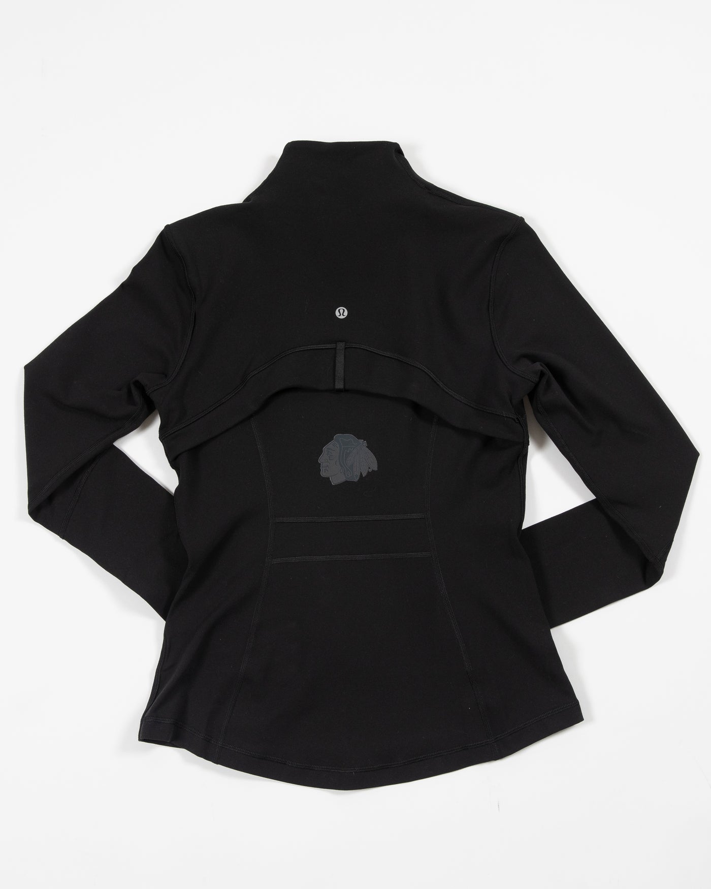 black define lululemon workout zip up jacket with tonal primary logo - back lay flat