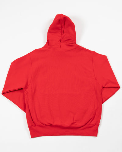 red Champion hoodie with Chicago Blackhawks primary logo embroidered on left chest - back lay flat
