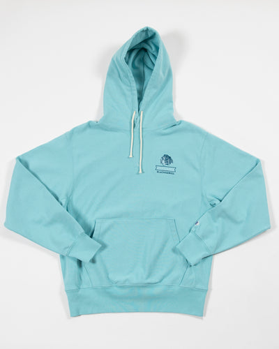 Champion Chicago Blackhawks light blue tonal hoodie with embroidered primary logo and Chicago Blackhawks wordmark on left chest - front view 