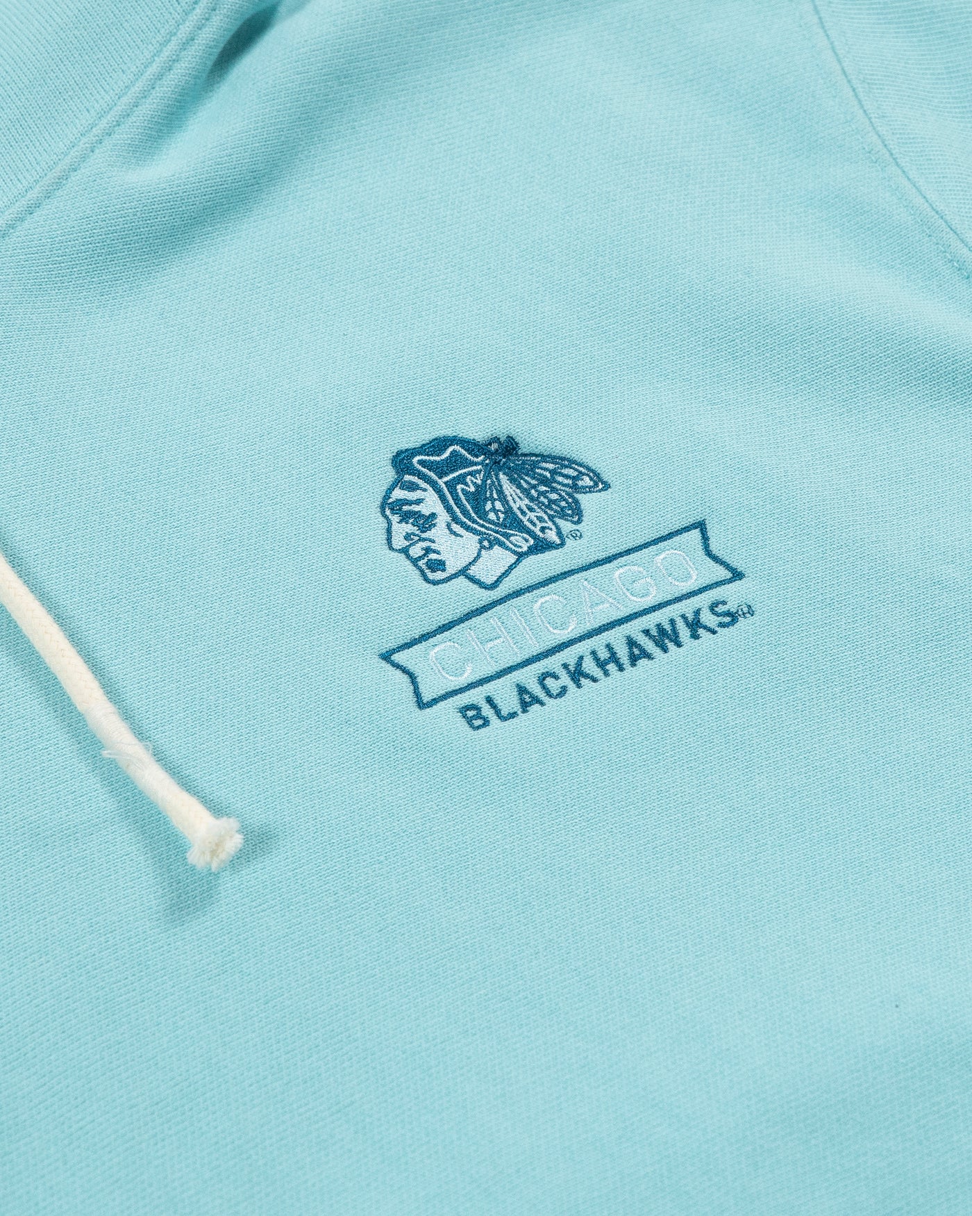 Champion Chicago Blackhawks light blue tonal hoodie with embroidered primary logo and Chicago Blackhawks wordmark on left chest - detail view 