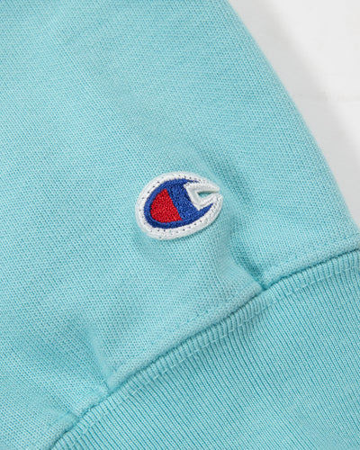 Champion Chicago Blackhawks light blue tonal hoodie with embroidered primary logo and Chicago Blackhawks wordmark on left chest - alt detail view 