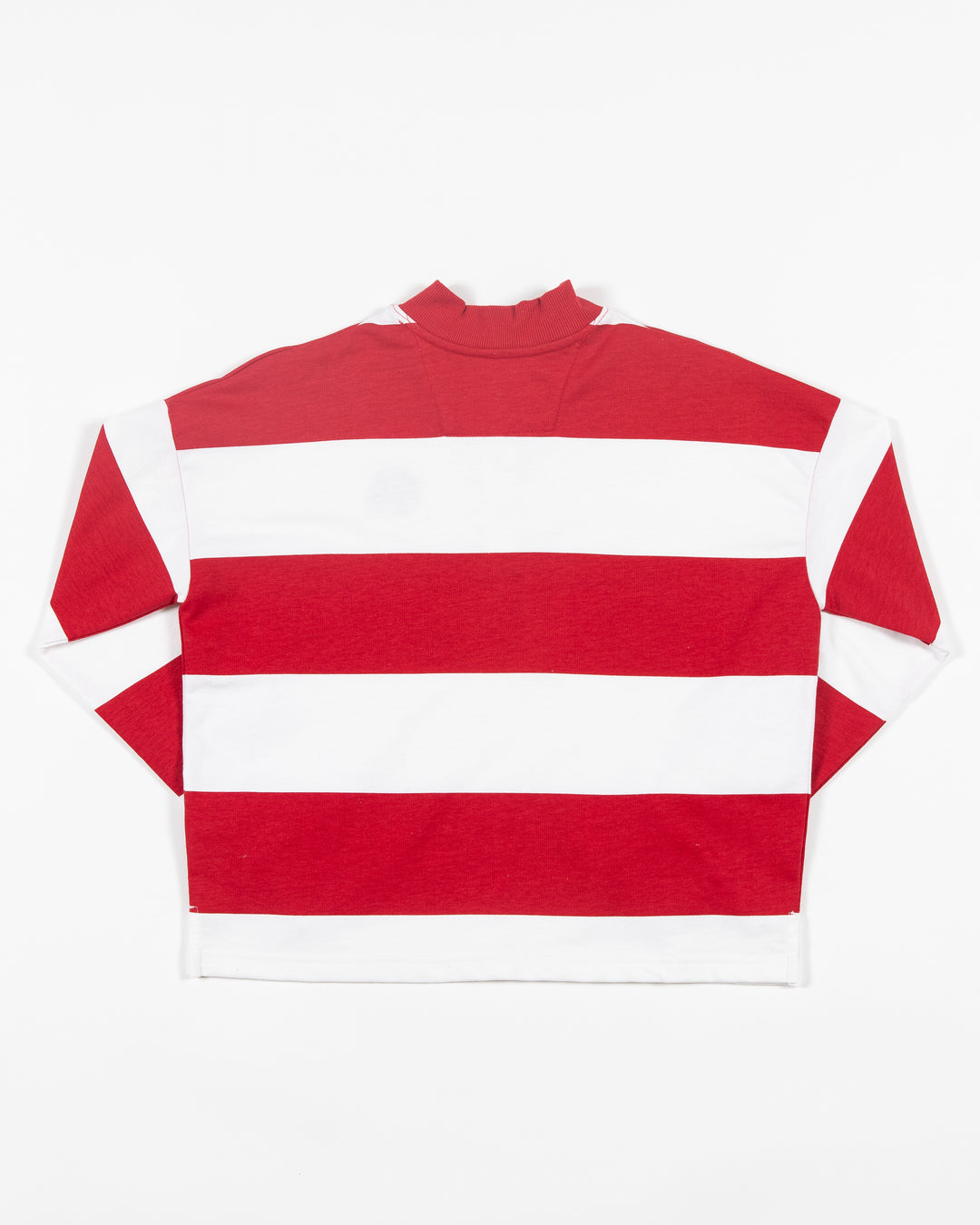 red and white striped Antigua rugby long sleeve shirt with embroidered Chicago Blackhawks primary logo on left chest - back lay flat