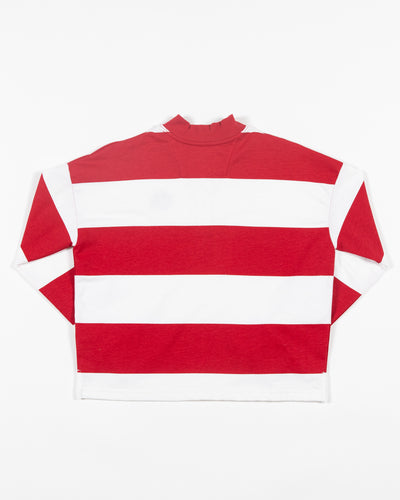 red and white striped Antigua rugby long sleeve shirt with embroidered Chicago Blackhawks primary logo on left chest - back lay flat
