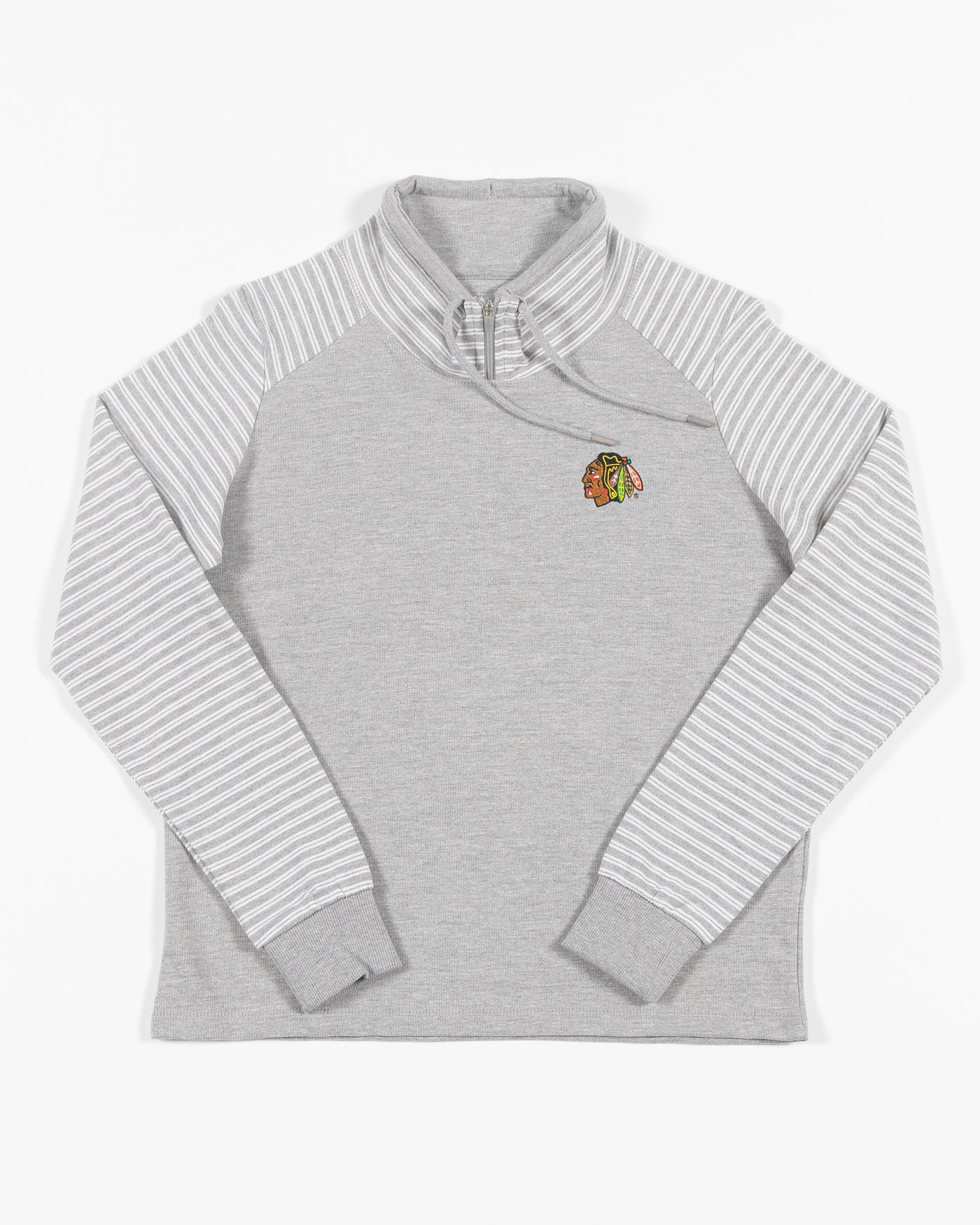 grey and white striped Antigua sweatshirt with embroidered Chicago Blackhawks primary logo on left chest - front lay flat