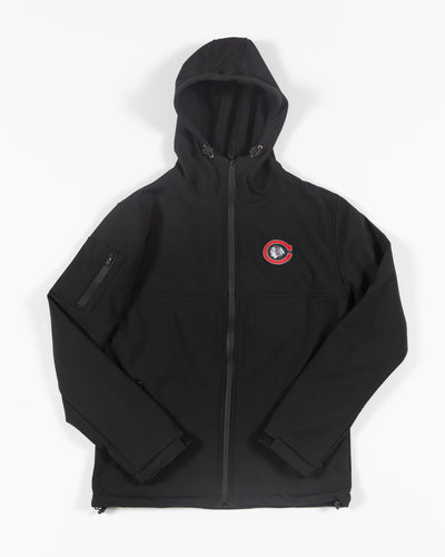 black full zip hoodie with tonal Chicago Blackhawks primary logo on left chest surrounded by red C graphic - front lay flat