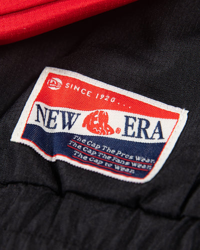 New Era red and black zip up cropped jacket with Chicago Blackhawks primary logo on left chest - New Era logo detail lay flat