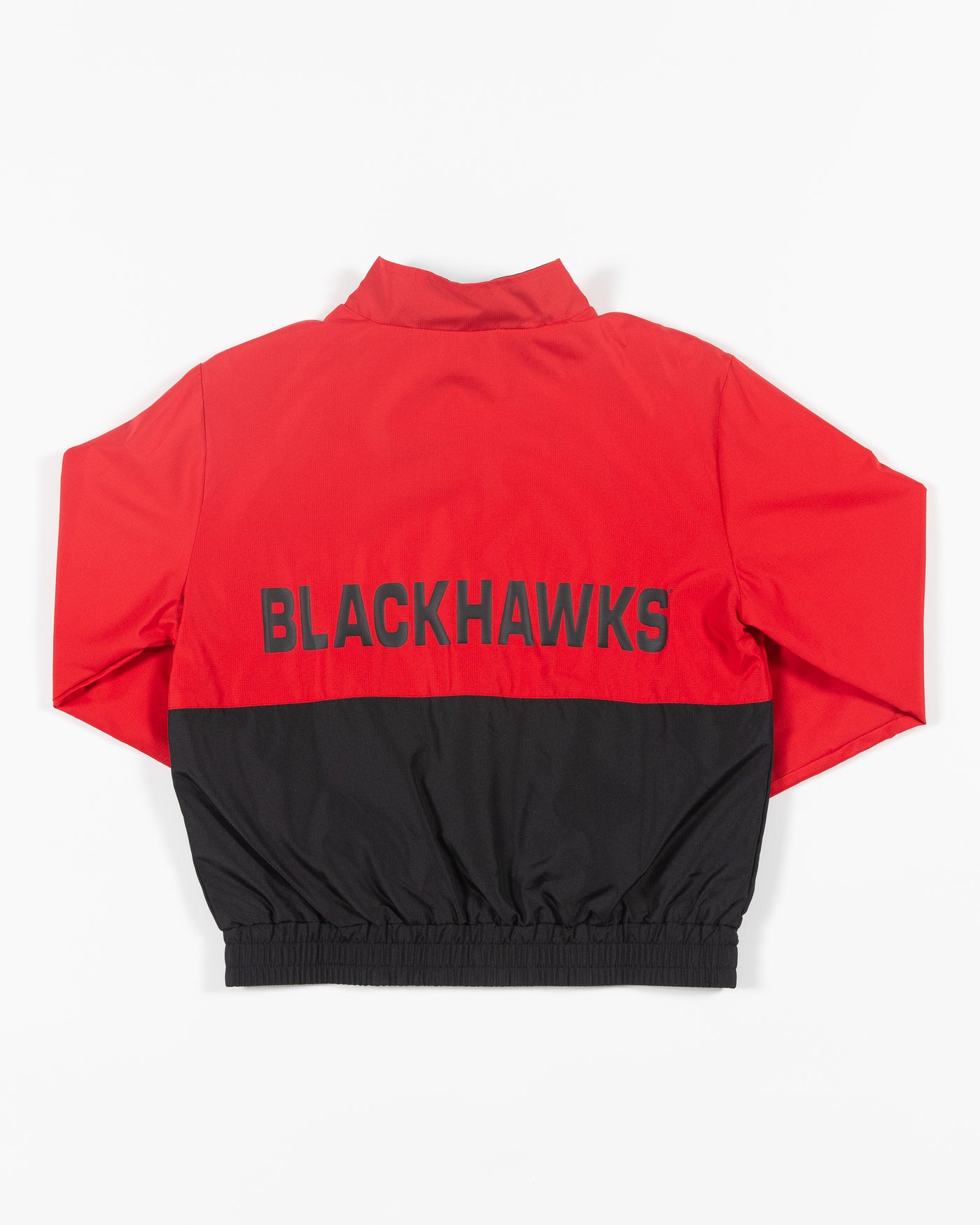 New Era red and black zip up cropped jacket with Chicago Blackhawks primary logo on left chest - back lay flat