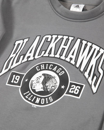 grey adidas crewneck with Chicago Blackhawks tonal graphic across chest - detail graphic lay flat