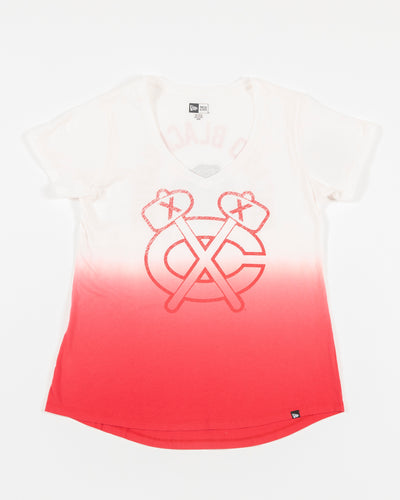 New Era red and white ombre women's tee with Chicago Blackhawks secondary logo on front - front lay flat