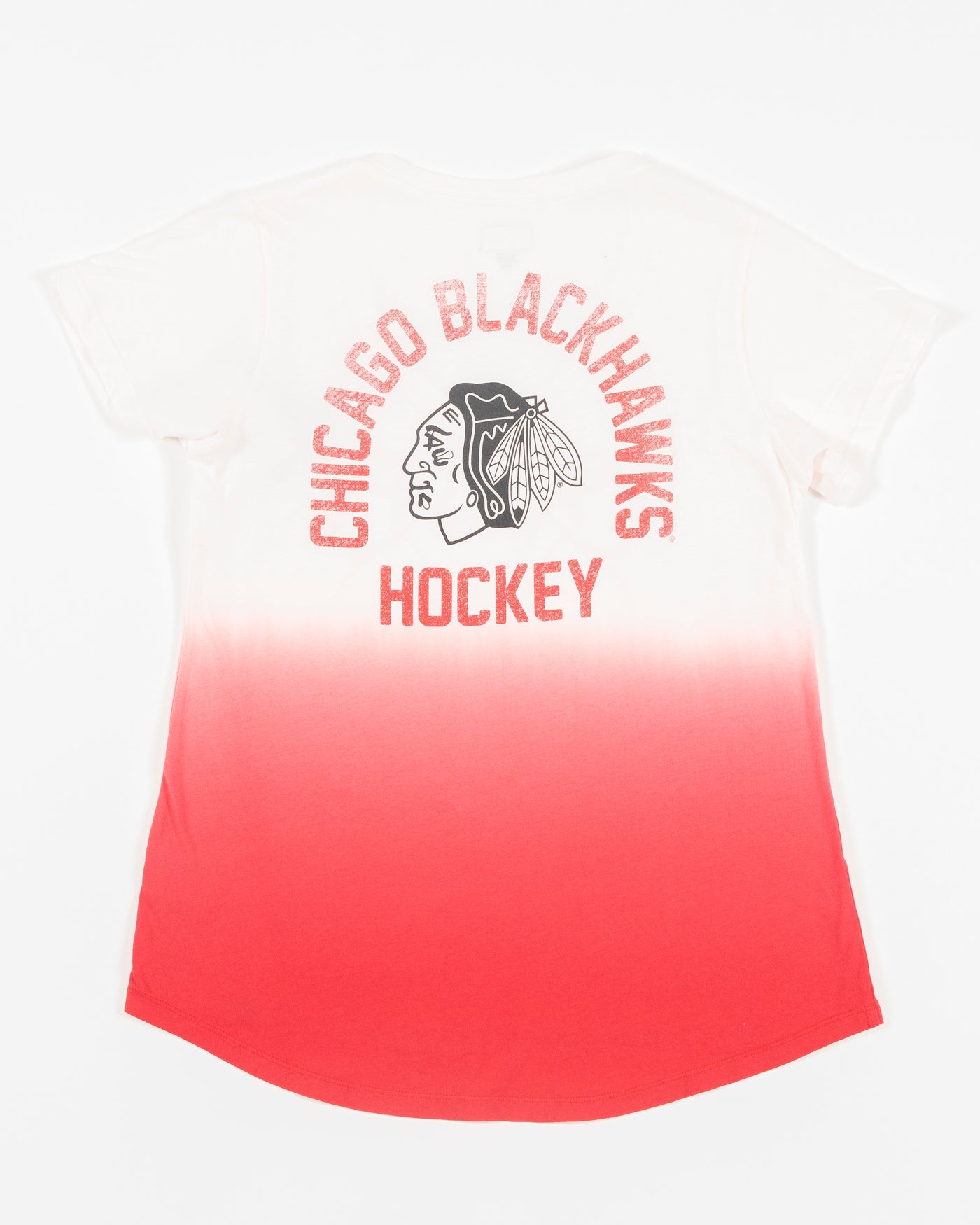 New Era red and white ombre women's tee with Chicago Blackhawks secondary logo on front - back lay flat