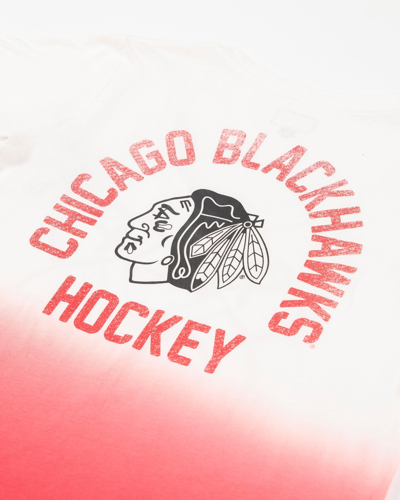 New Era red and white ombre women's tee with Chicago Blackhawks secondary logo on front - back detail lay flat