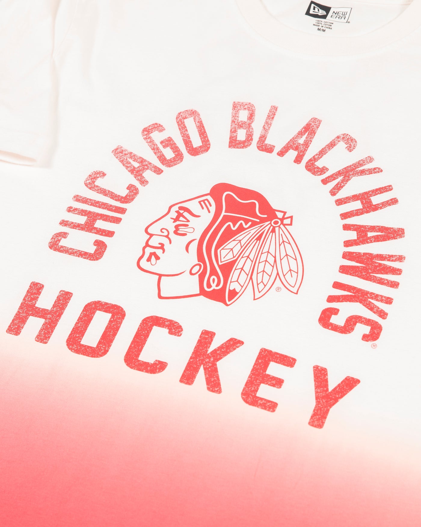 new era ombre tee with Chicago Blackhawks wordmark graphic and primary logo on front - detail lay flat