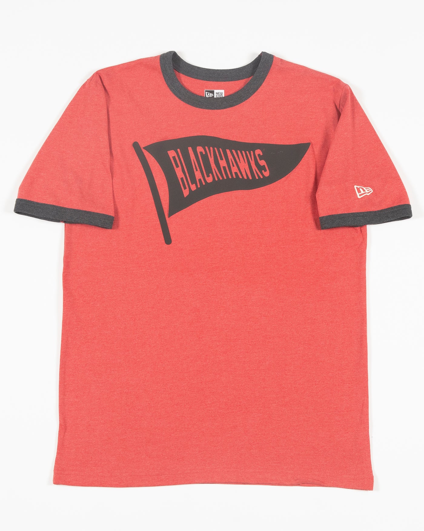 red New Era tee with contrasting neckline and sleeves with Chicago Blackhawks pennant graphic on front - front lay flat