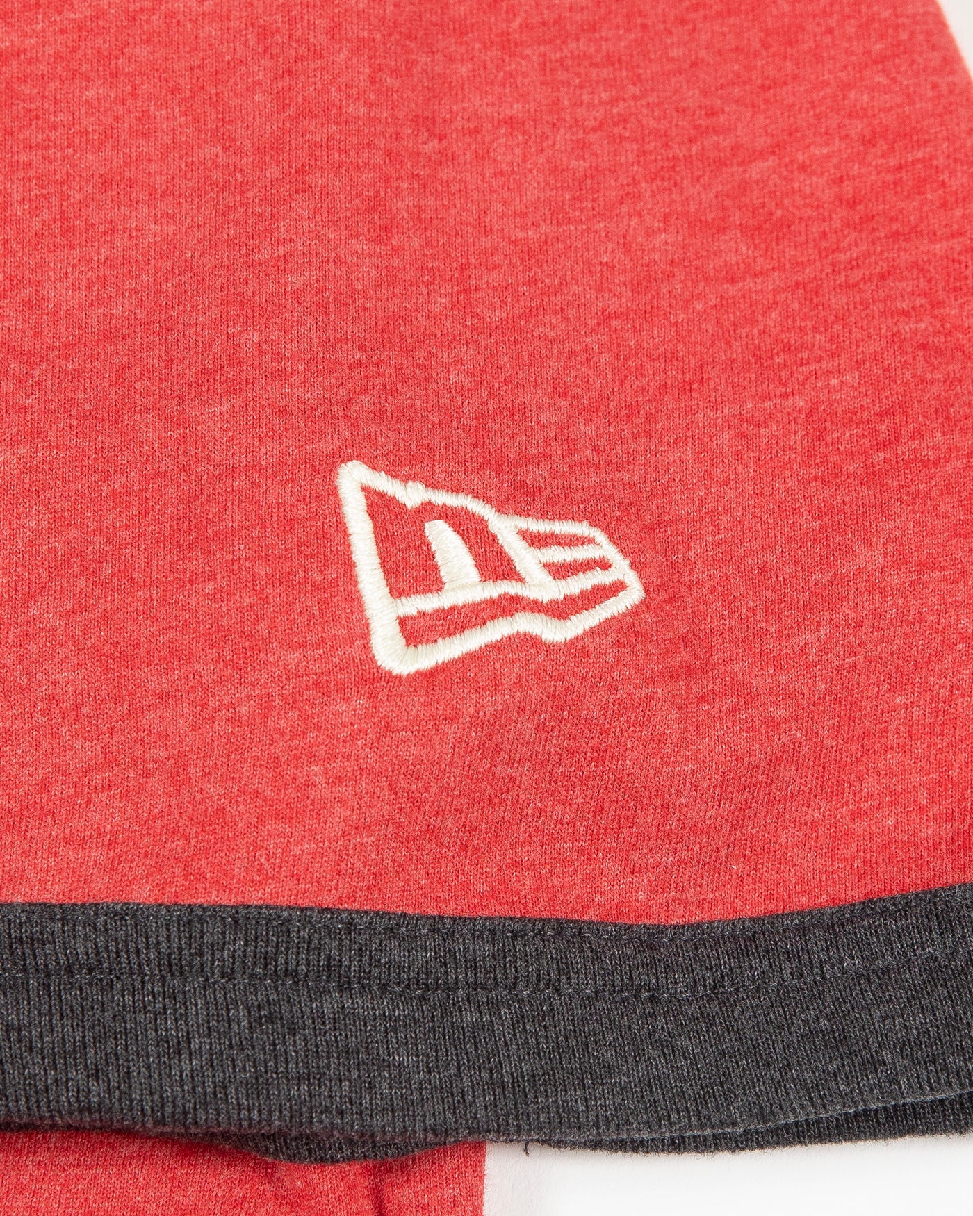 red New Era tee with contrasting neckline and sleeves with Chicago Blackhawks pennant graphic on front - alt detail lay flat