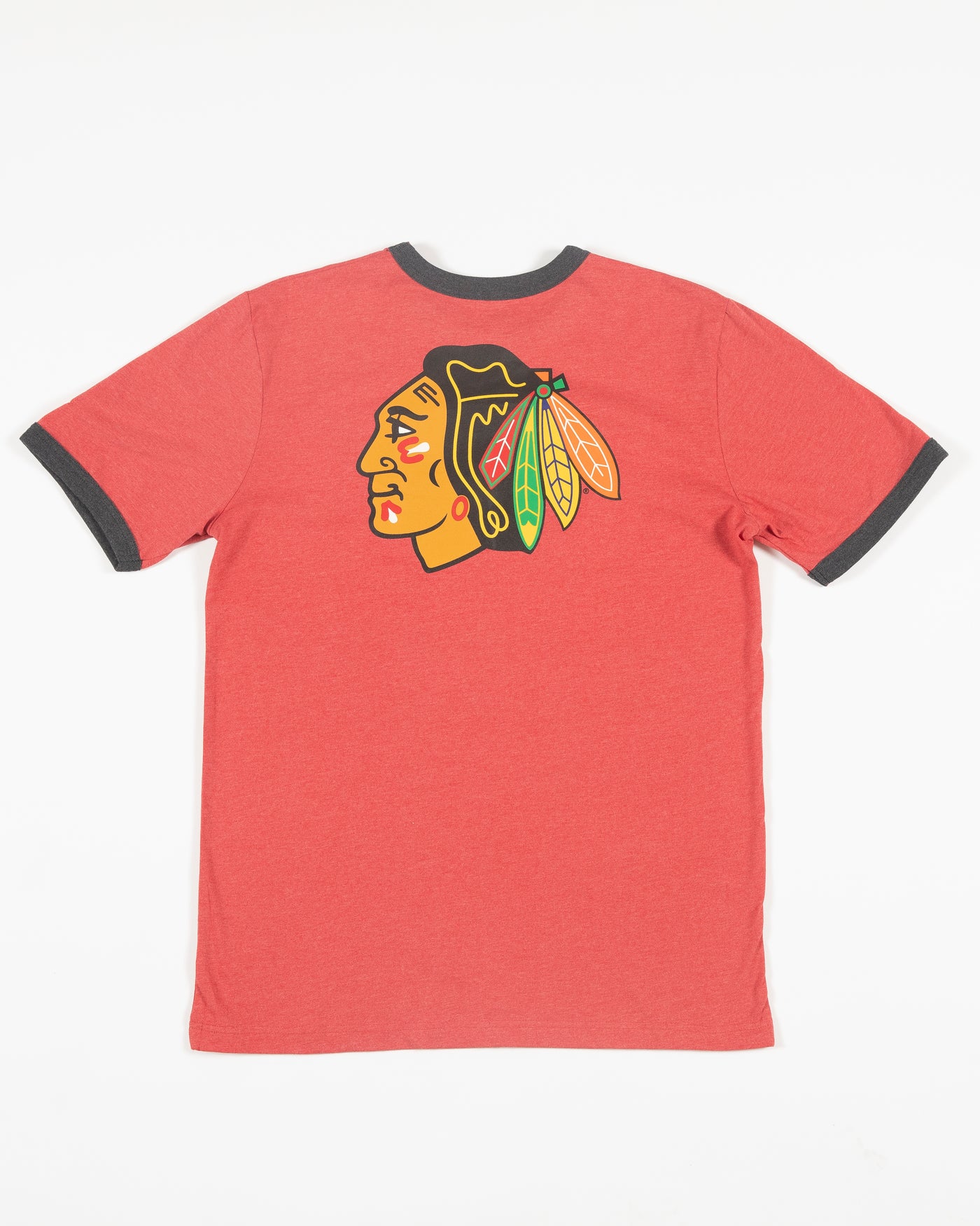 red New Era tee with contrasting neckline and sleeves with Chicago Blackhawks primary logo on back - back lay flat