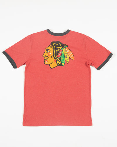 red New Era tee with contrasting neckline and sleeves with Chicago Blackhawks primary logo on back - back lay flat