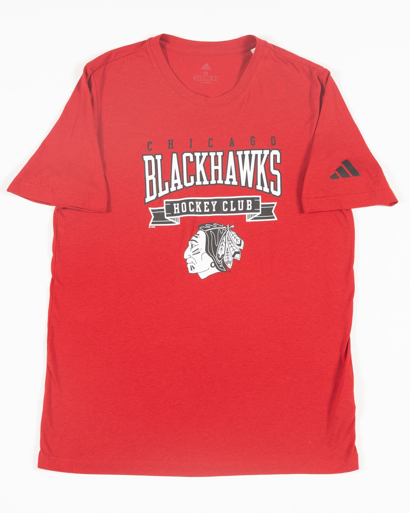 adidas red tee with Chicago Blackhawks word graphic and primary logo on front chest - front lay flat