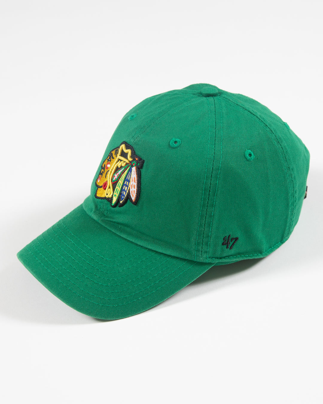 green '47 clean up adjustable cap with Chicago Blackhawks full color primary logo embroidered on front - left side lay flat