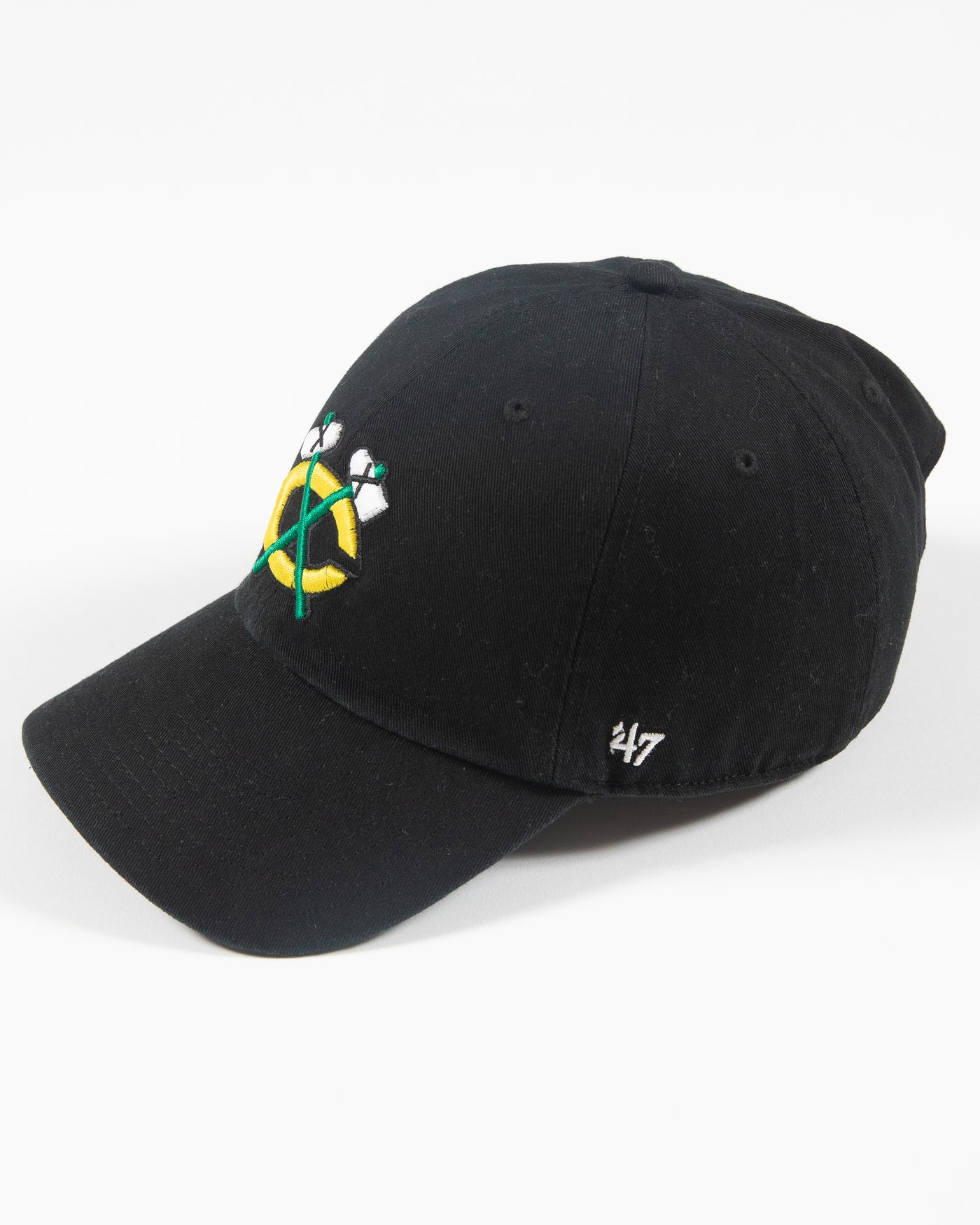 '47 brand black cap with Chicago Blackhawks secondary logo embroidered on front - left side lay flat