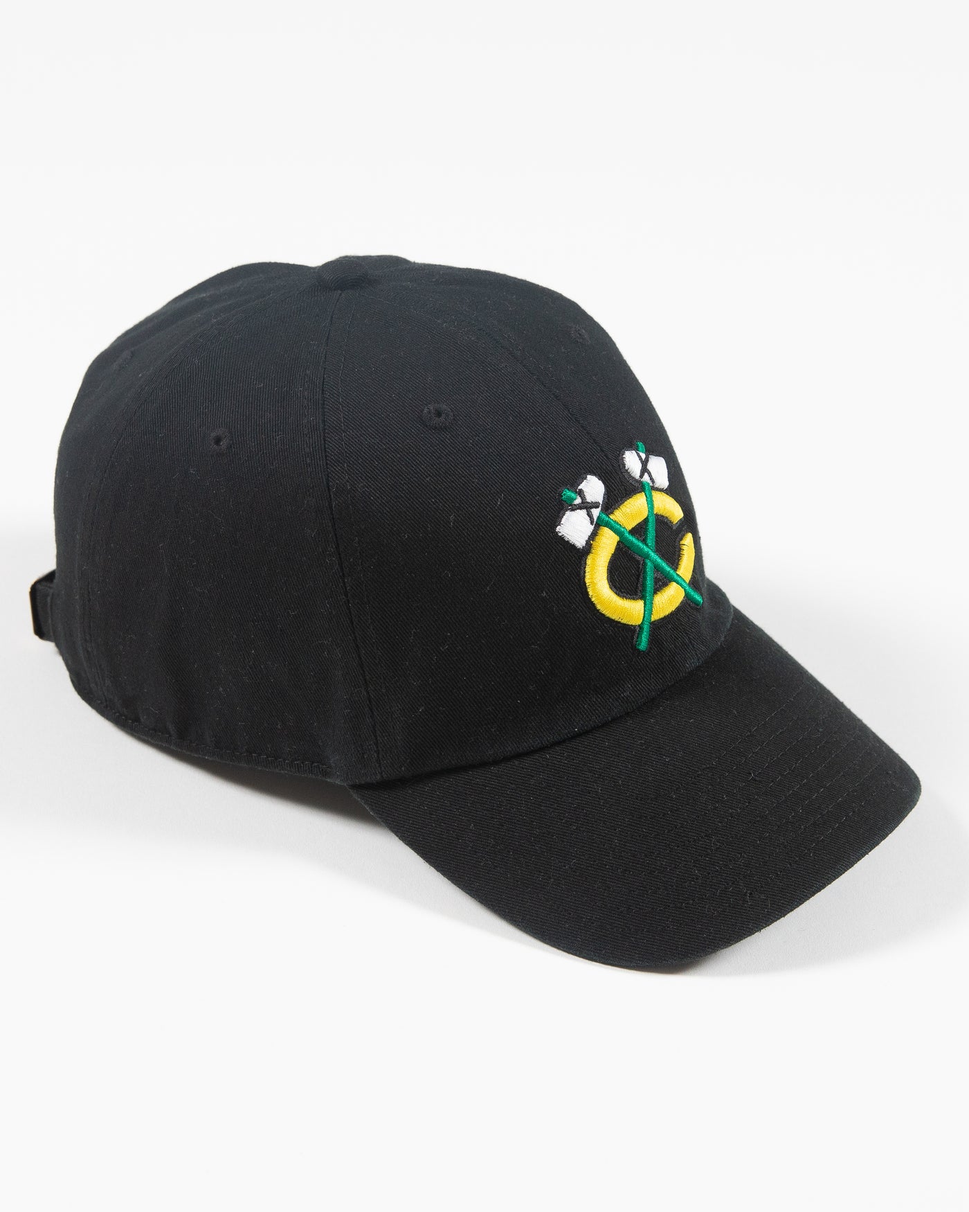 '47 brand black cap with Chicago Blackhawks secondary logo embroidered on front - right side lay flat