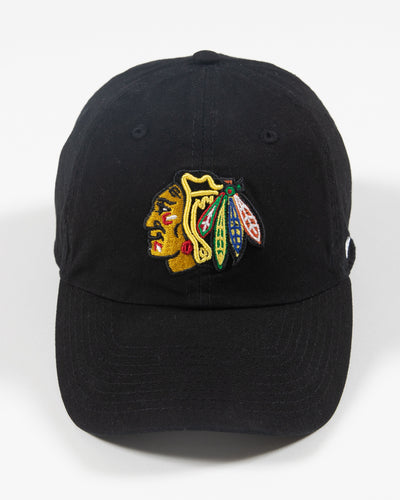 black '47 adjustable cap with embroidered Chicago Blackhawks primary logo on front - front lay flat