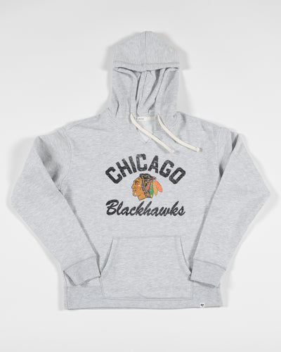 grey '47 brand hoodie with Chicago Blackhawks primary logo and wordmark across front chest - front lay flat