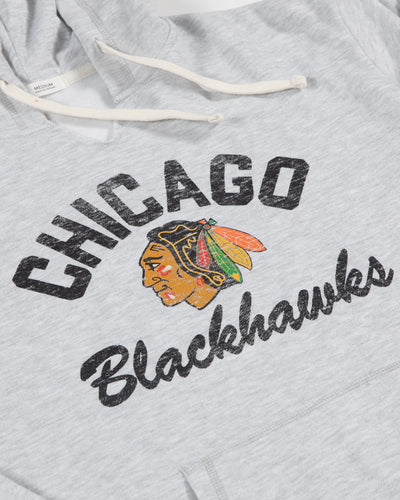 grey '47 brand hoodie with Chicago Blackhawks primary logo and wordmark across front chest - detail lay flat