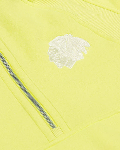 bright yellow lululemon half zip hoodie with Chicago Blackhawks logo embroidered on left chest - detail lay flat